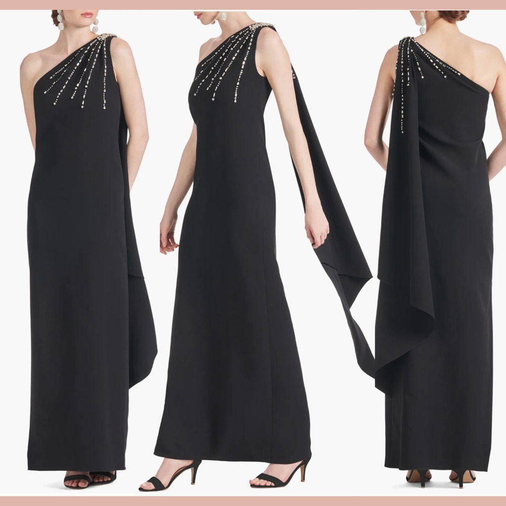 NWT SACHIN & BABI [ 4 ] Leslie Beaded Drape One-Shoulder Crepe Gown Black #J1458